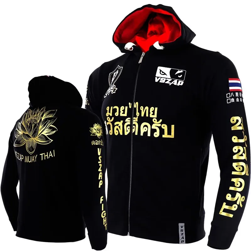 VSZAP MUAY THAI Fitness Sweatshirt, Hoodie, Golden Lotus Fighting Hoodie, Lotus Printed, MMA Zipper Jacket, Long-sleeved