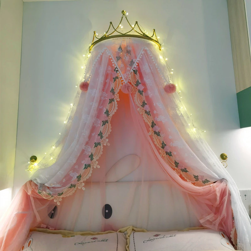 Princess Crown Mosquito Net Bed Curtain Zipper All-Inclusive Mosquito Protection Bedroom Wall Decor Embroidered Lace Bed Curtain