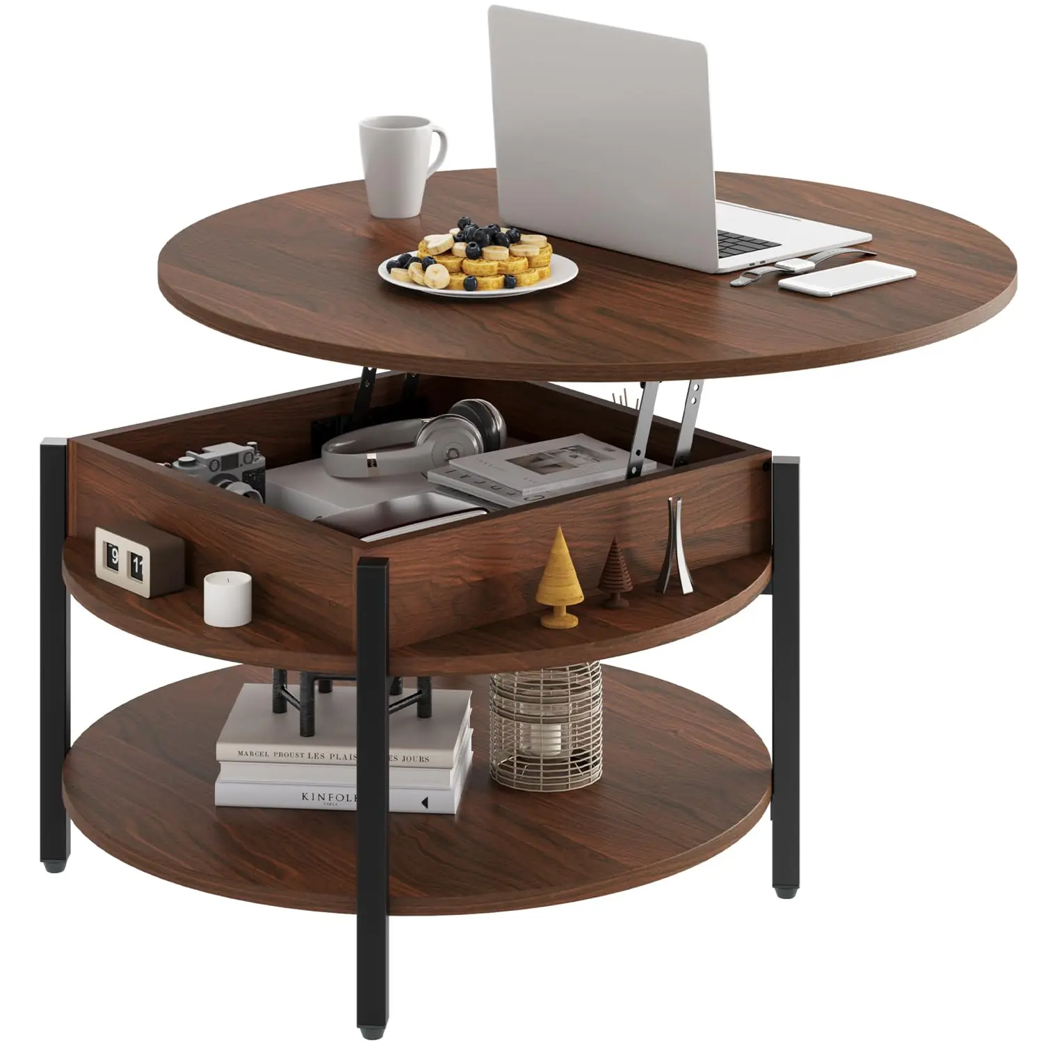 

Round Lift Top Coffee Table Storage Hidden Compartment 26in Farmhouse 2 Tier Small Circle Living Room Espresso Customized