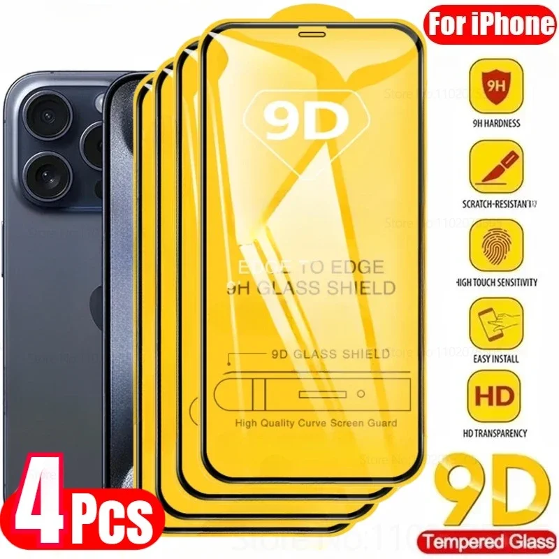 4PCS 9D Screen Protector Tempered Glass for IPhone 16 15 14 13 12 Pro Max Protective Glass for IPhone X XR XS Max 7 8 13 12 Mini