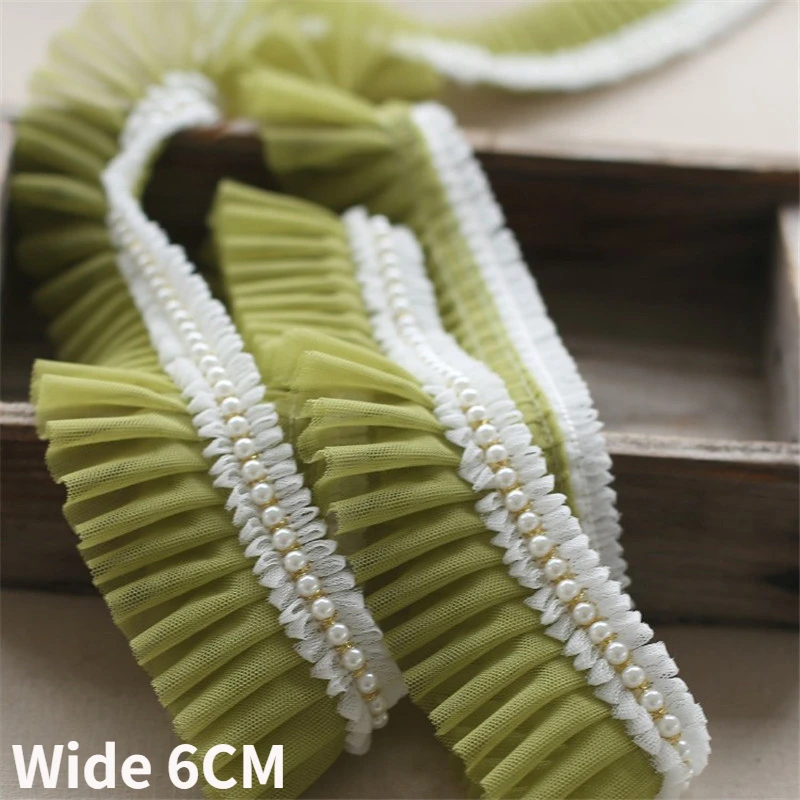 6CM Wide 3d Pleated Mesh Fabric Glitter Beaded Fringe Lace Edge Trim Embroidery Fringe Ribbon Wedding Dress Bags Sewing Decor