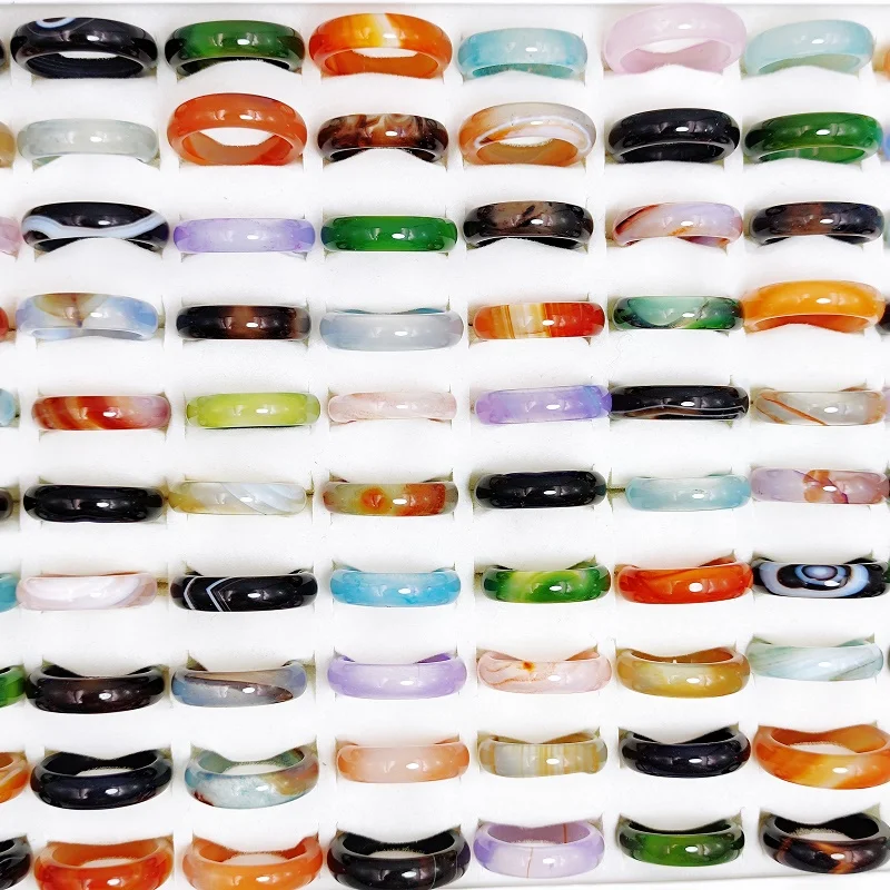 10/20/30Pcs/Lot Vintage MultiColor Natural Stone Agate Rings for Women\'s and Girl Carnelian Charm Finger Ring Jewelry Party Gift