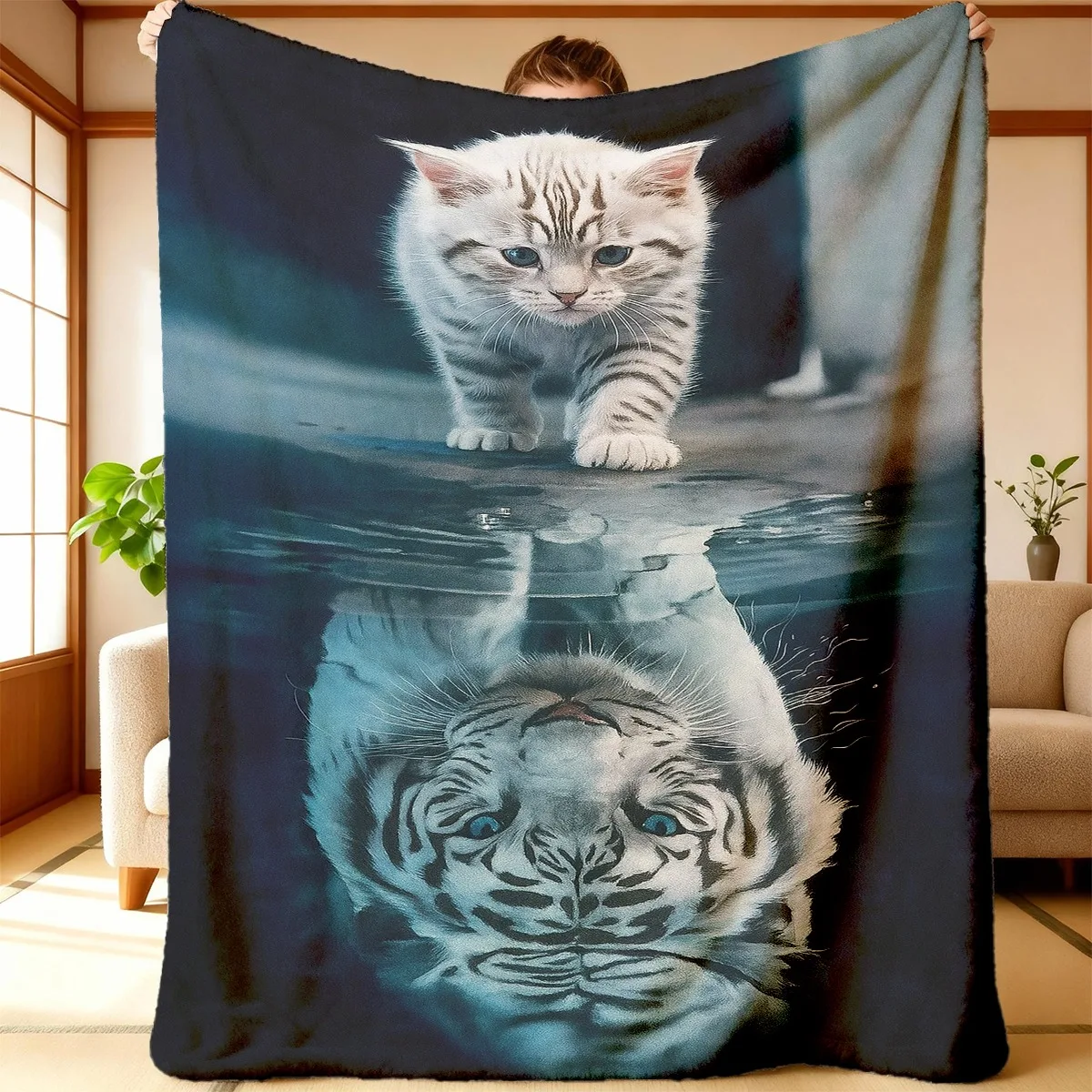 Super Soft Flannel Throw Blanket Kitten Reflection Art Cat Lover Home Decor Cozy Fleece Nap Throw Sofa Couch Gift Idea Warm Wint