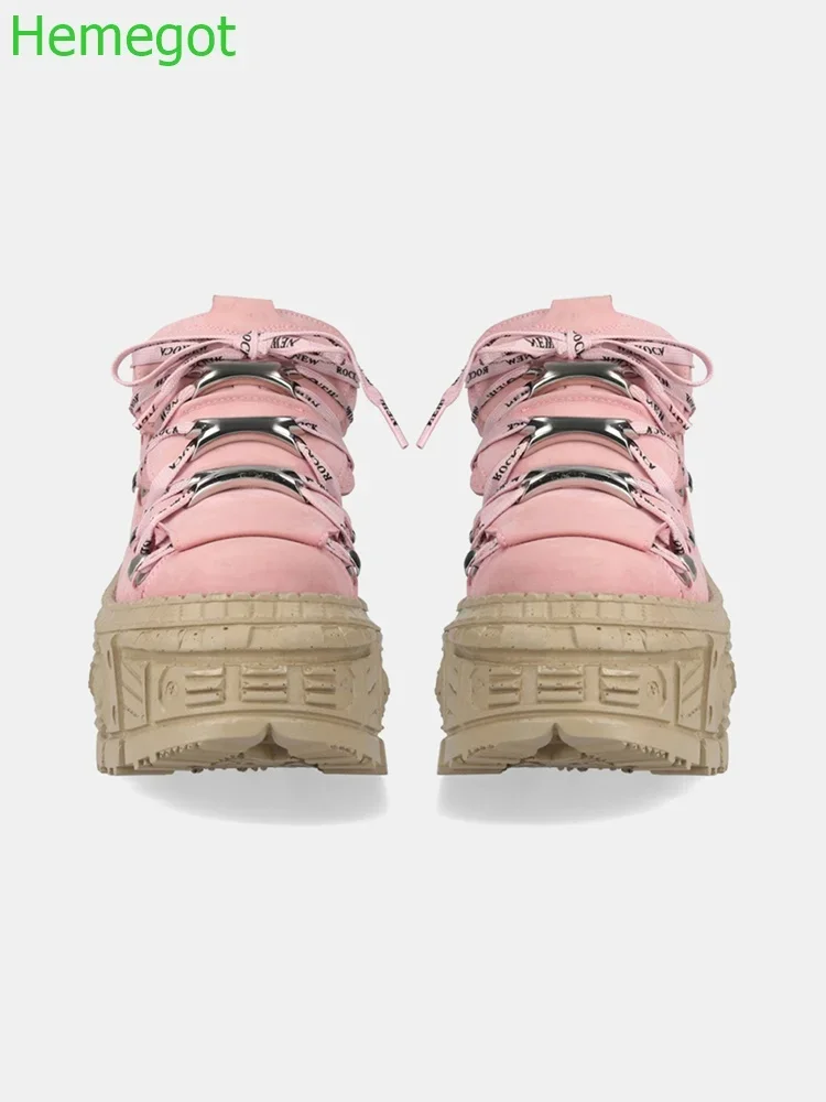 Punk Metal Rivet Short Boots Round Thick Sole Fashion Boots 2024 Spring New Pink Street Style Lace Up Casual Women Ankle Shoes
