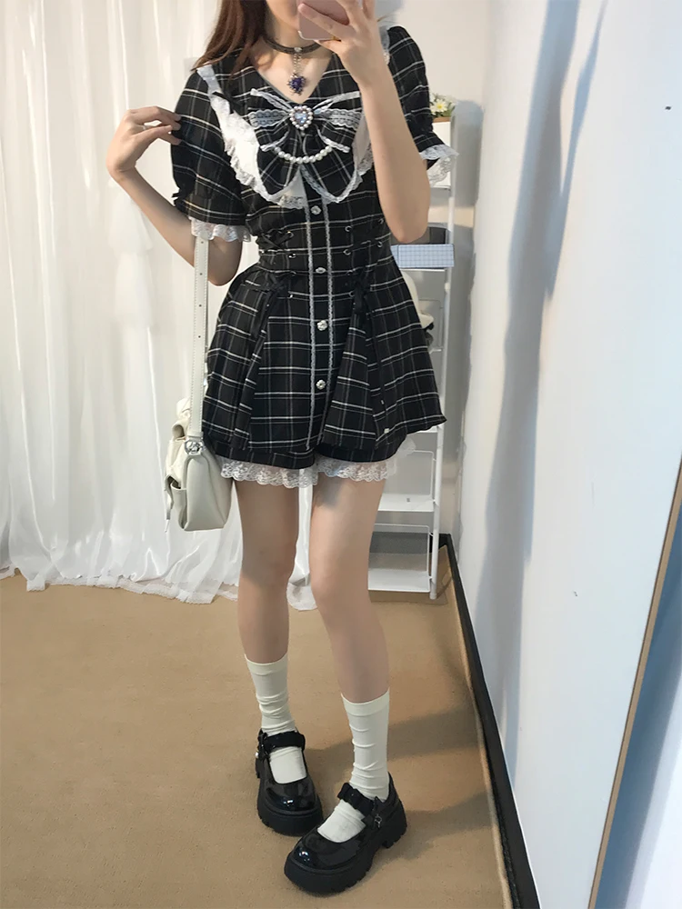 Set da donna estivo scozzese irt Dr con finiture in pizzo orts orm Sle ort Sve Faionable Ensemble