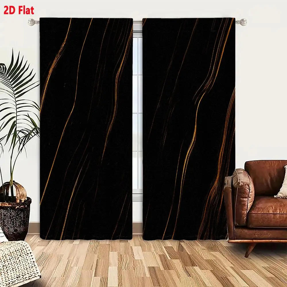 2Pcs Curtains Add 2D Flat Black Marble With Golden Veining Abstract Pattern Luxury Elegant Interior Design Window Drapes for Bed