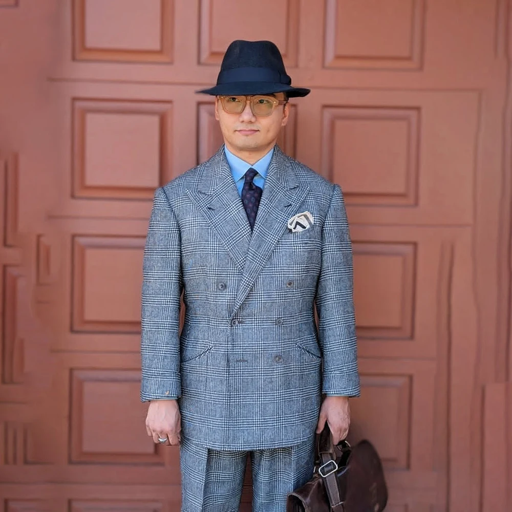 

Классические мужские костюмы, элегантный клетчатый двубортный пиджак, формальный пиджак стандартной длины, комплект из двух предметов, куртка, брюки, одежда на заказ