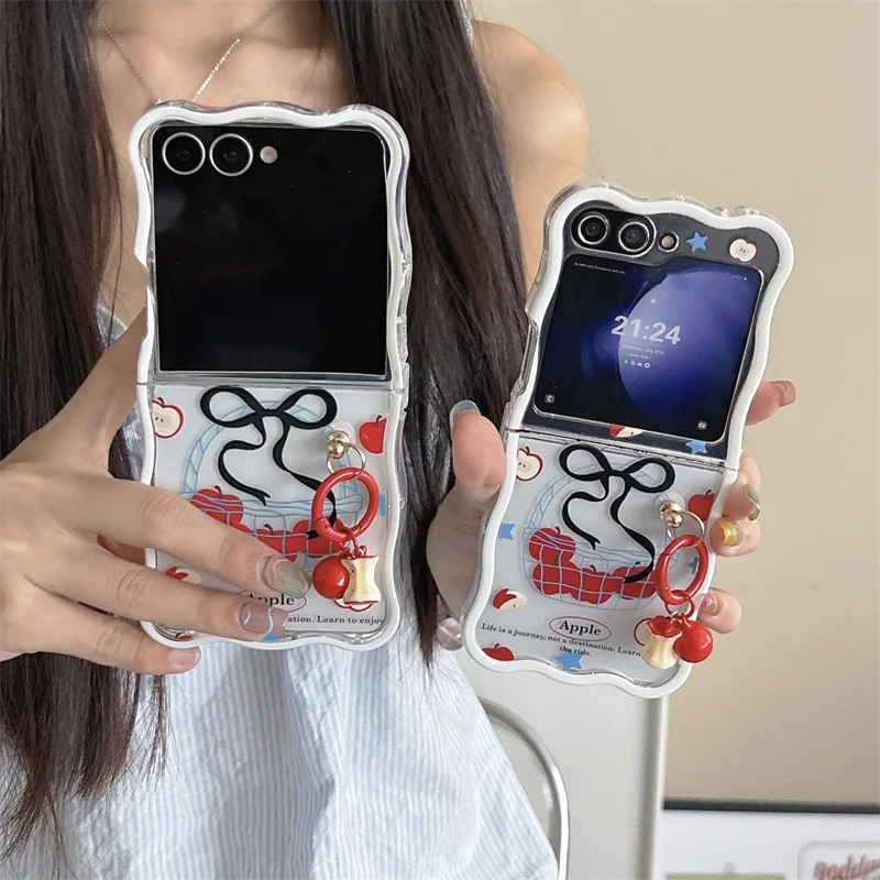 

Fashion Cute Line Bow Fruit Phone Case For Samsung Galaxy Z Flip 7 6 5 4 3 5G ZFlip6 Cover with Chain Shockproof Cases