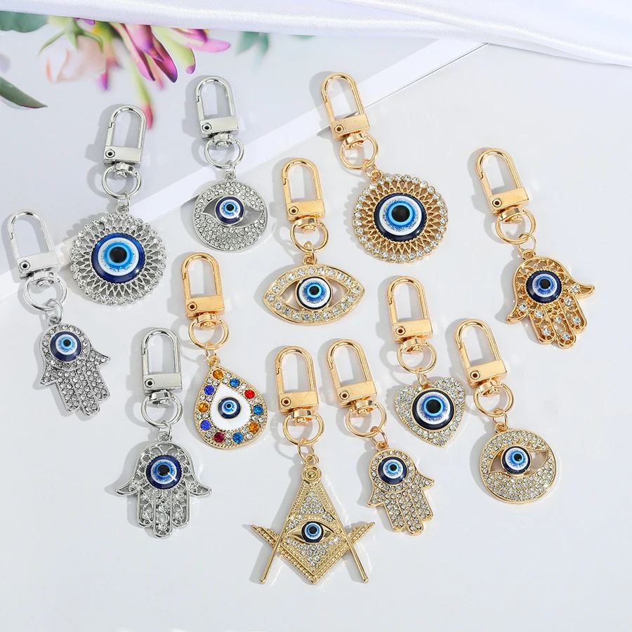 Fashion Lucky Blue Evil Eye Keychains Gold Silver Color Crystal Fatima Hasma Hand Charm Key Ring Accessories