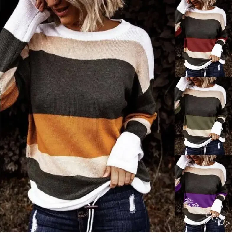 Fall Sweaters Round Neck Striped Cute Winter Pullover Sweaters for Women Trendy 2023 Drawstring