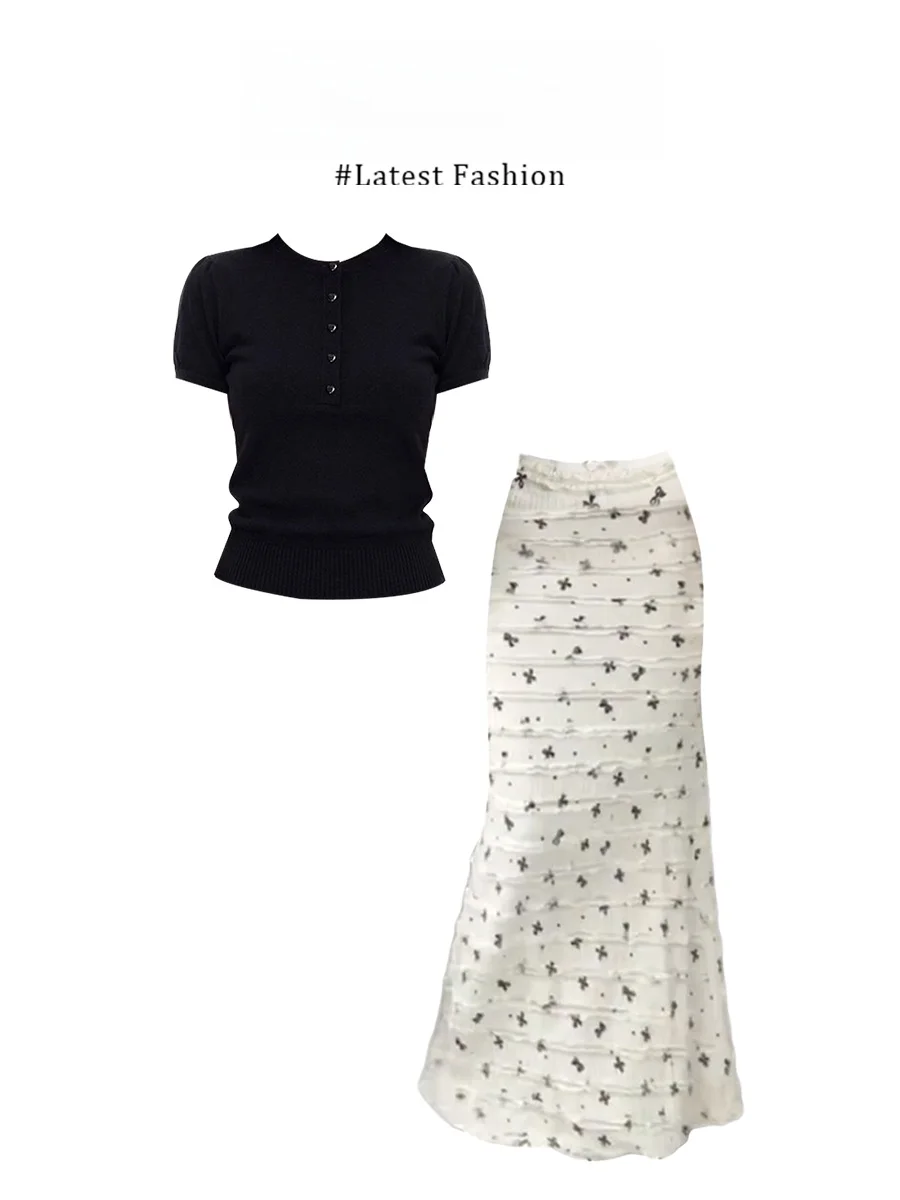 

Parkyeon Knitted Short Sleeve T-Shirt Women's Style Casual Fashion Set with Fish Tail Skirt Shoulder Length Knitwear Top