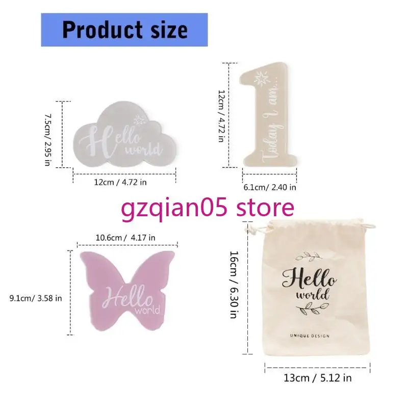 N7ME Pack of 14pcs Baby Acrylic Landmark Cards Cloud/Butterfly Photo Props Toy التذكارية لنمو الأطفال حديثي الولادة