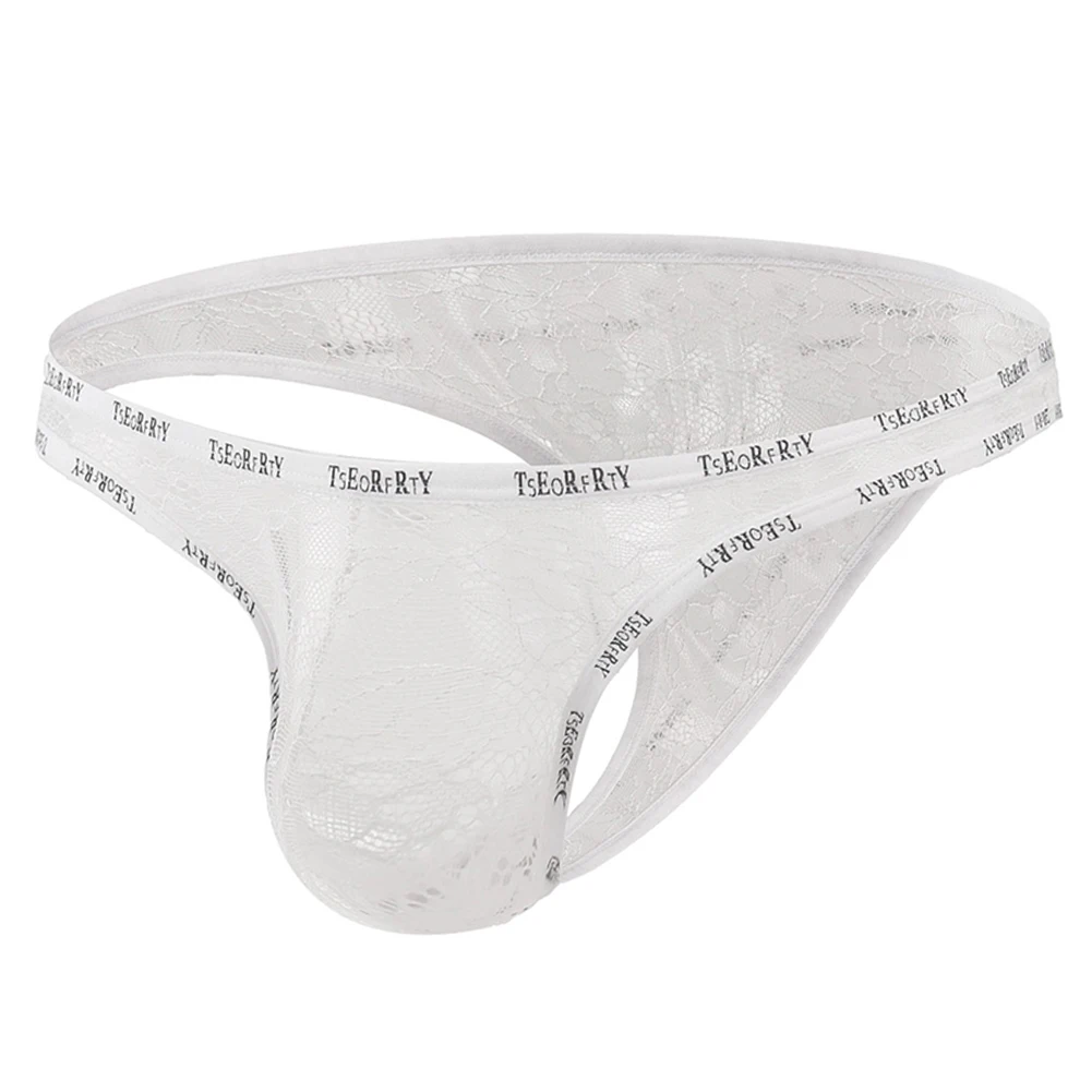 Men Jacquard Lace Sheer G-string Brief Half-covered Butt Pouch Underwear Thongs  Sexy Lace See-Through Transparent Briefs