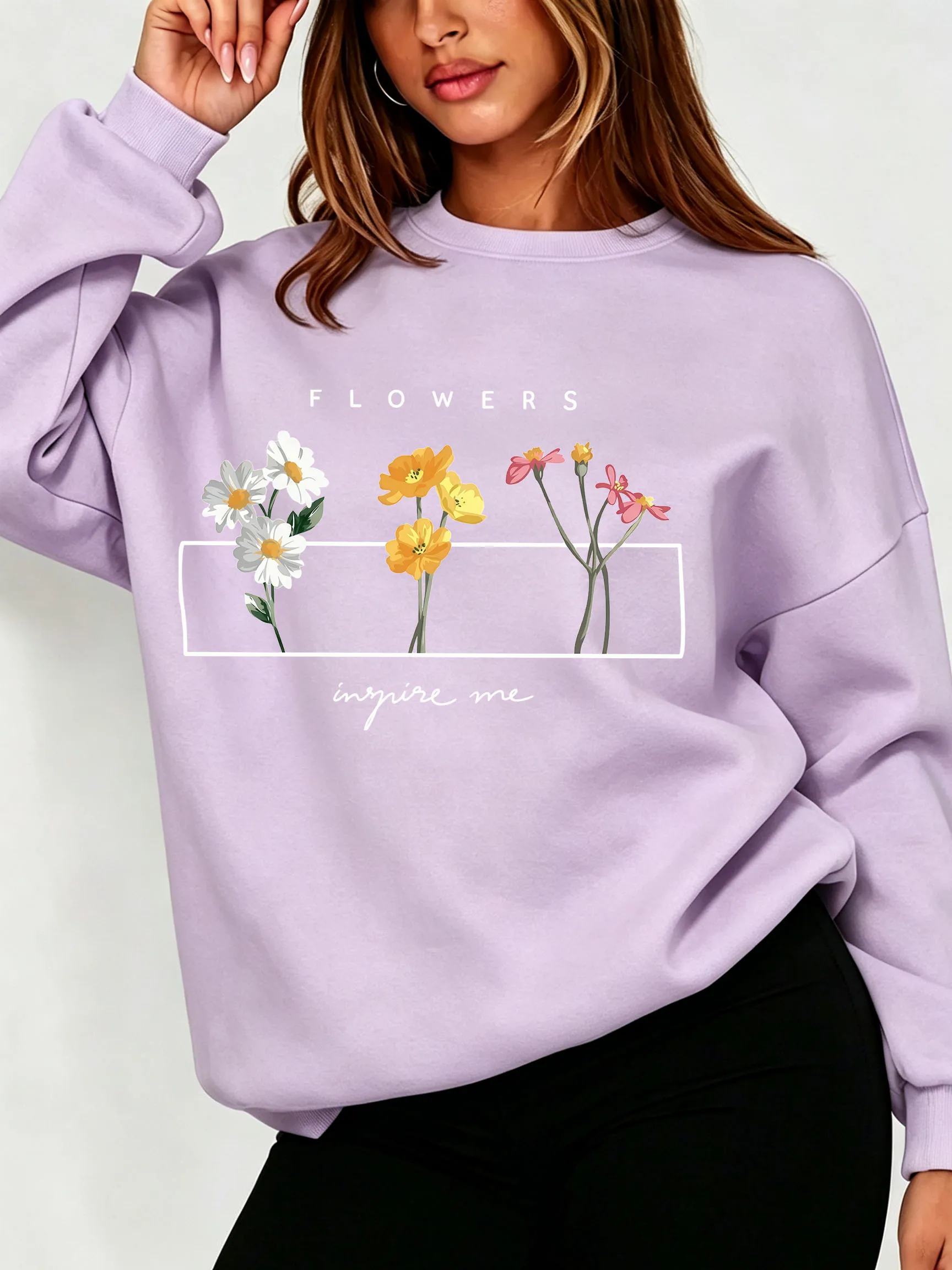 Women Daisy Floral Sweatshirt Minimal Wildflower Letter Crew Neck Oversized Soft Fleece Girls Casual Long Sleeve Pullover Tops