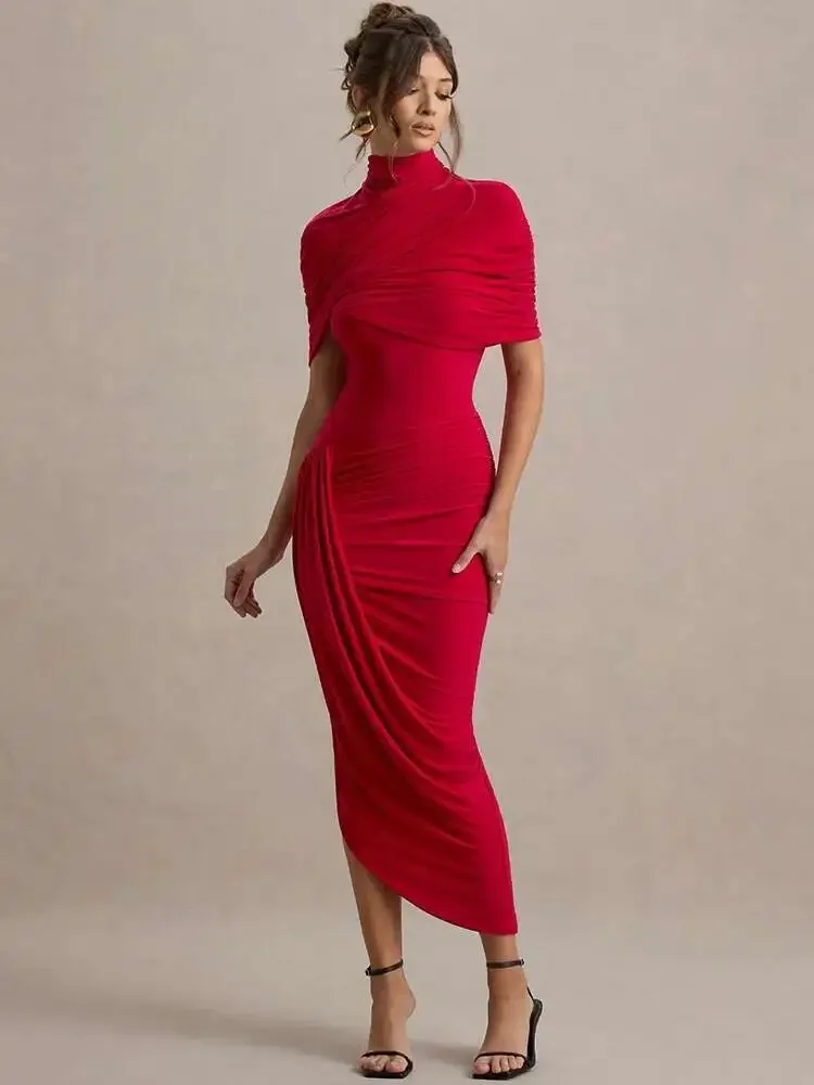 

Backless Ruched Half Sleeve Sexy Maxi Dress Women Turtleneck Slim Summer New High Waist Evening Club Party Long Dress