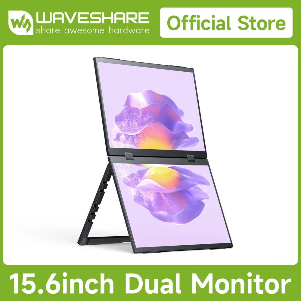 Waveshare 15.6inch Dual-Screen Portable Monitor, Dual-1080p High Definition Foldable Screen, 100%sRGB, 178° Wide Viewing