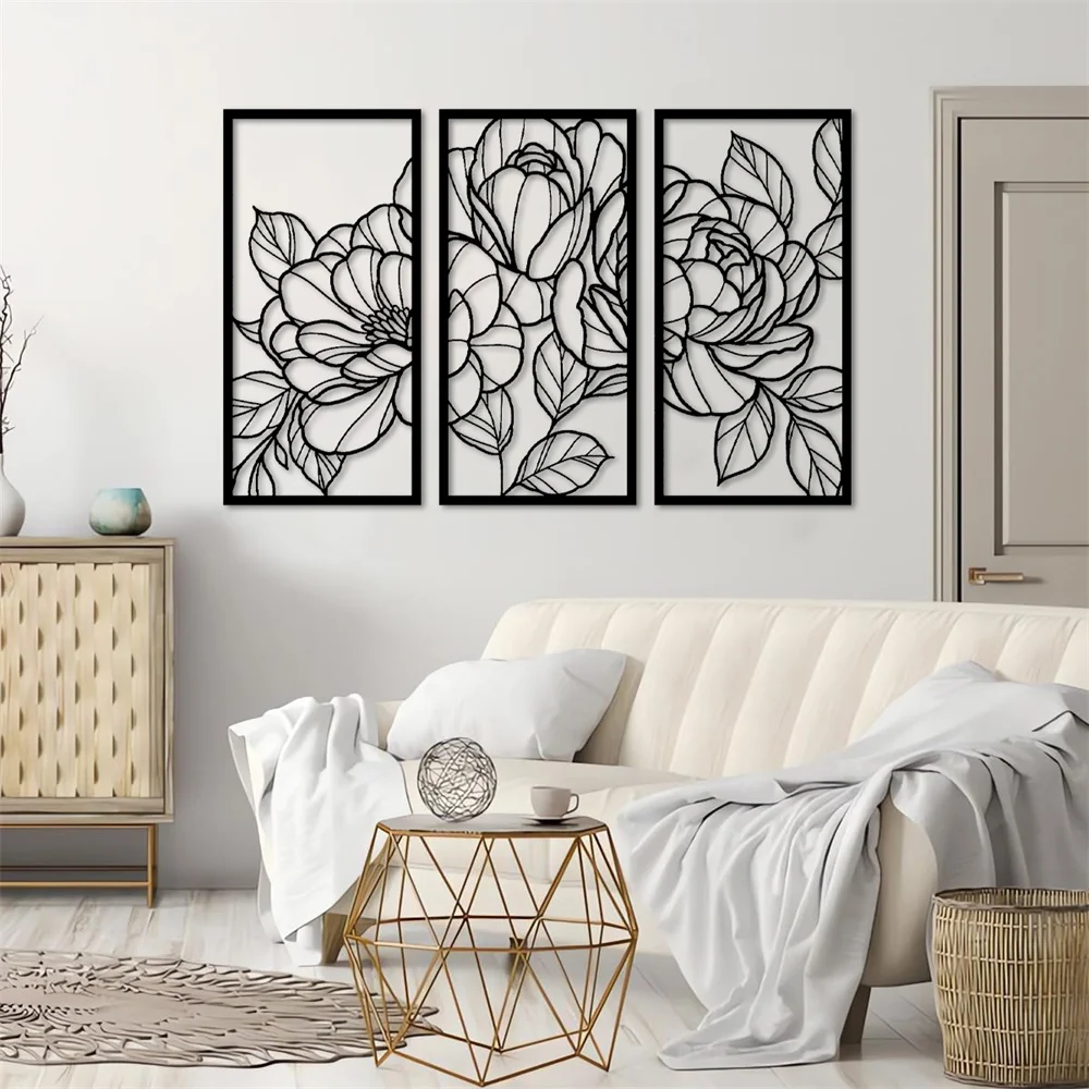 3 Panel Floral Poppy Flowers Metal Wall Art Decor Matte Black Wall Hanging Decor for Home Bedroom Living Room Wall Decoration