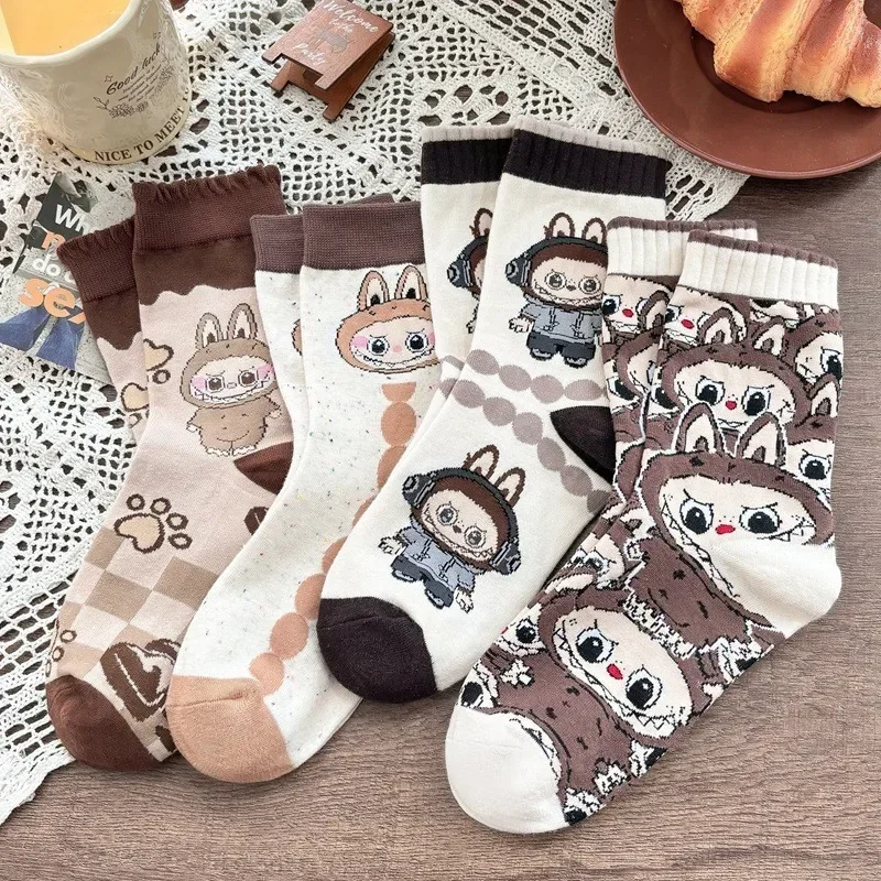 

4Pair Cute Cartoon LABUBU Cotton Mid-Calf Socks For Women Female Kawaii four-season Socks Fashion Trend Boys Girls average size