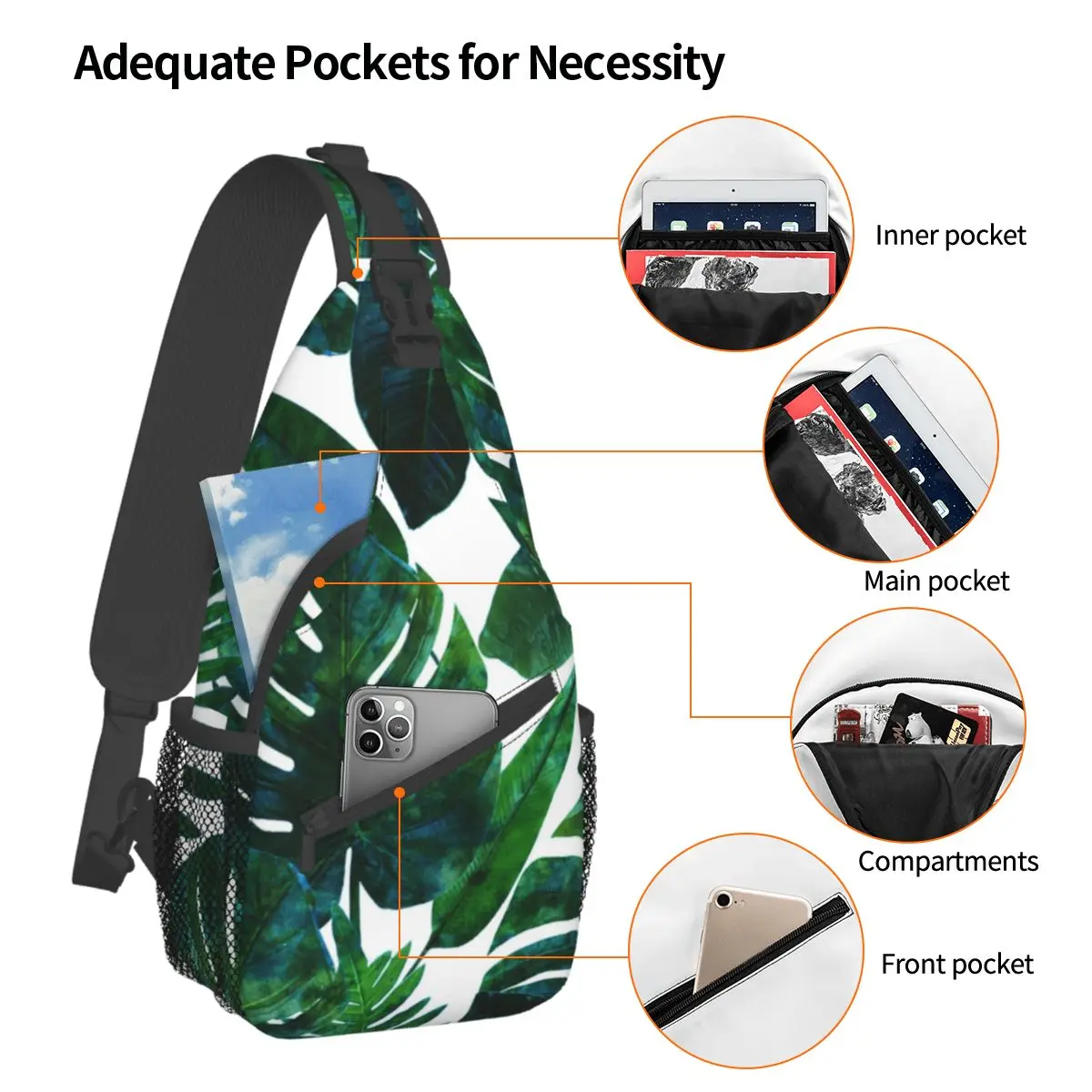 Tropical Jungle Sling Bags Chest Crossbody Shoulder Sling Backpack Outdoor Sports Daypacks Leaves Green Monstera Pattern Bookbag