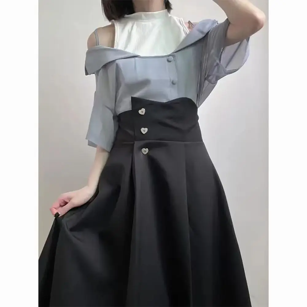 

Blue Top+ White Inner Vest+black Skirt Three-piece Suit Grunge Subcultural High Street Punk Harajuku Fashion Korean New 2025