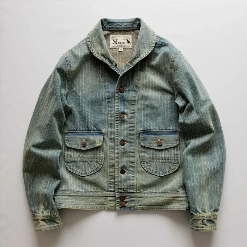 Amekaji Wear Clothes Men Vintage Striped Denim Jacket Coat Classic Washed Distressed