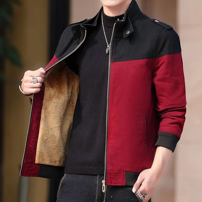 Winter Jacket Men's Fleece Thickened Stand-up Collar Zipper Warm Coats Fashion Color Blocking Side Seam Pockets Jackets Men Tops