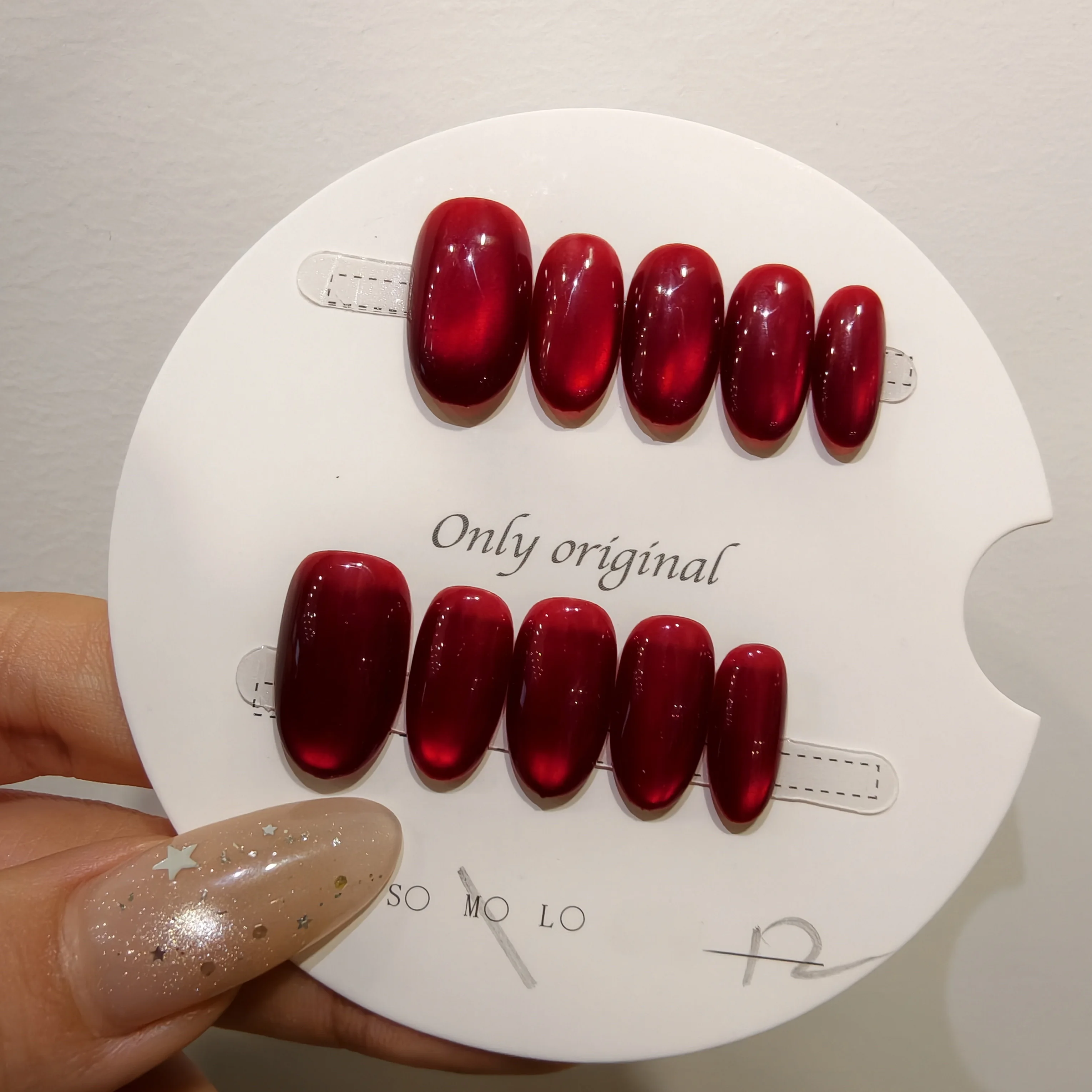10pcs Red Handmade Nails Flash Cat's Eye Gradient Press on Nail Short Oval Full Coverage Nail Tips for Women&Girl Fake Nail