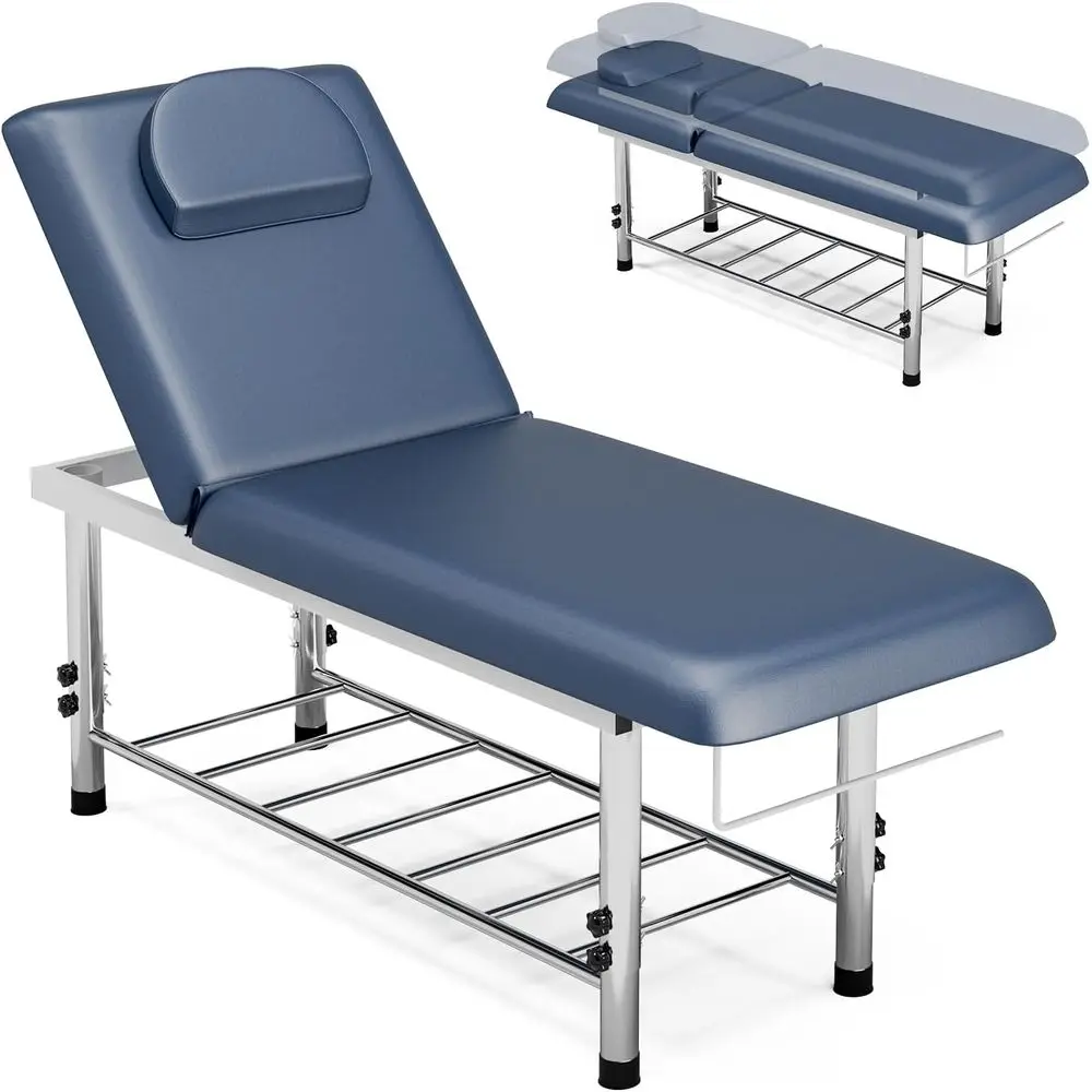 

Adjustable Height Massage Table, 550lbs Capacity, Exam Treatment Bed, Backrest & Storage, Blue