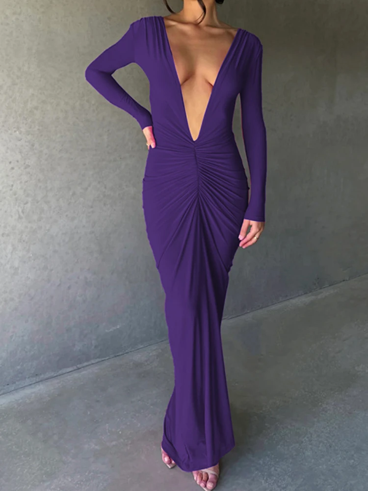 Dwustronna sukienka z głębokim dekoltem V lub głębokim dekoltem V bez pleców Slim Bodycon Maxi Dress Women Skinny Long Dress Elegant Club Party Vestidos — zdjęcie 6