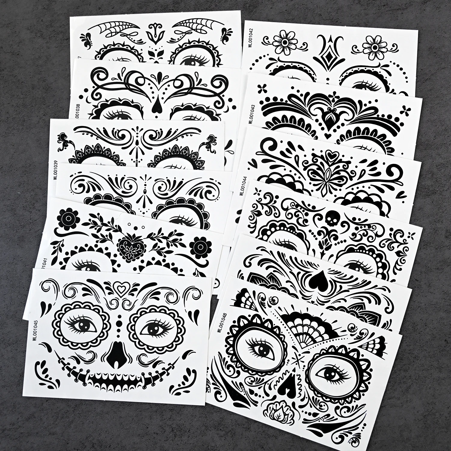 12 Stück gruselige temporäre Halloween-Gesichtstattoos mit schwarzem Muster für den Tag der Toten, Halloween-Make-up – Detail 8