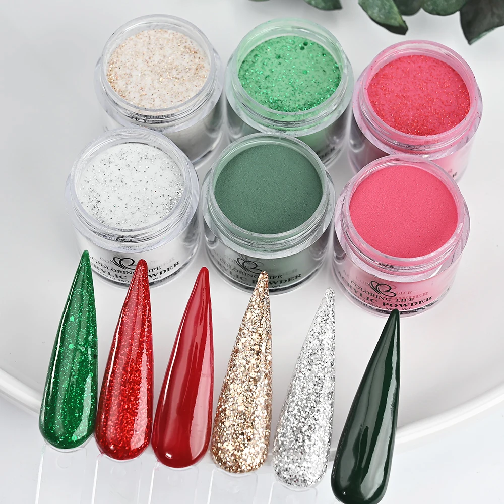 

6Bottle/Lot Professional Polymer Christmas Nail Art Powder Set Sparkling Red&Green Glitter Acrylic Nail Dust For Extension Nail﻿