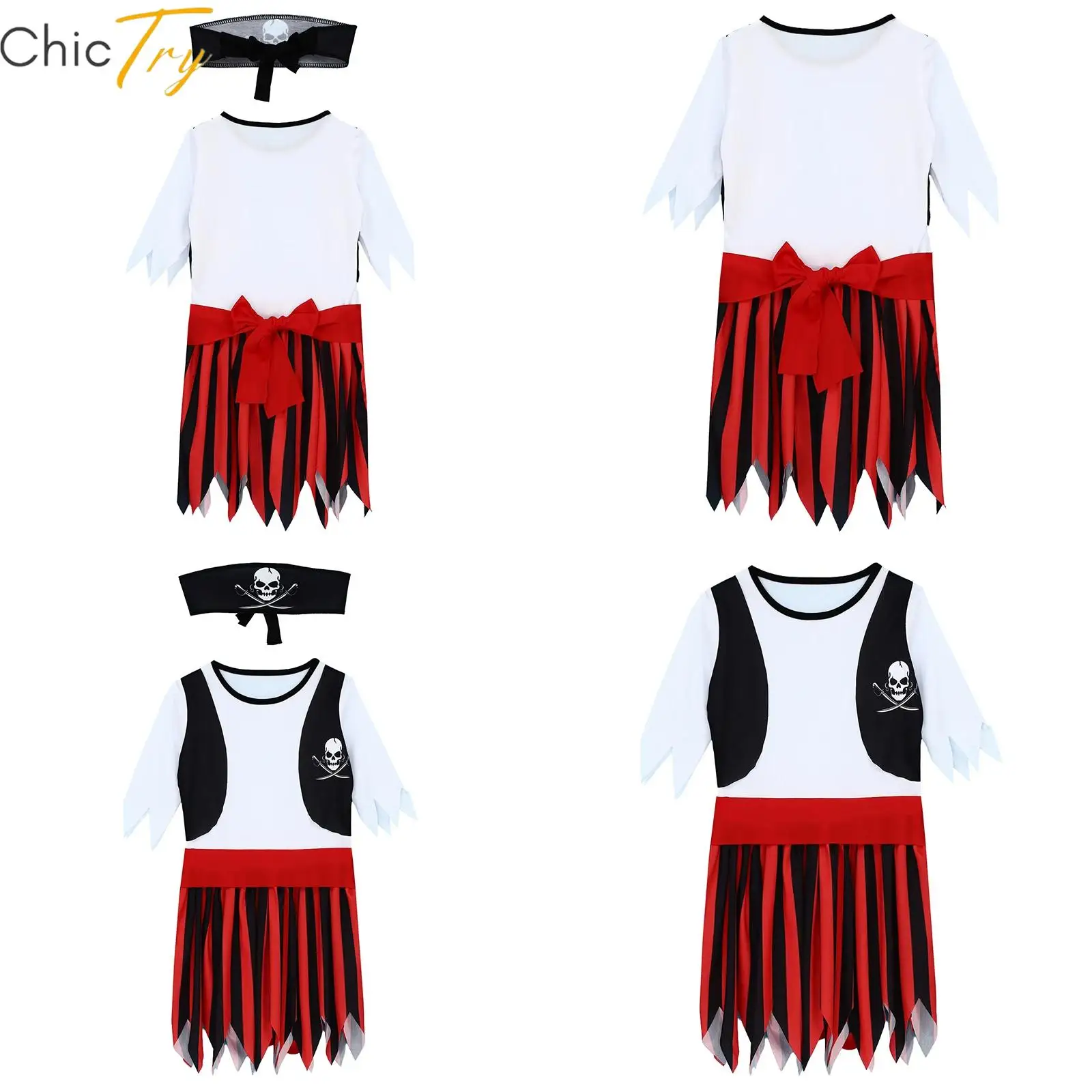 

Детский костюм пирата, карнавальное платье для косплея на Хэллоуин с короткими рукавами и принтом черепа, гофрированный подол, головной убор и пояс