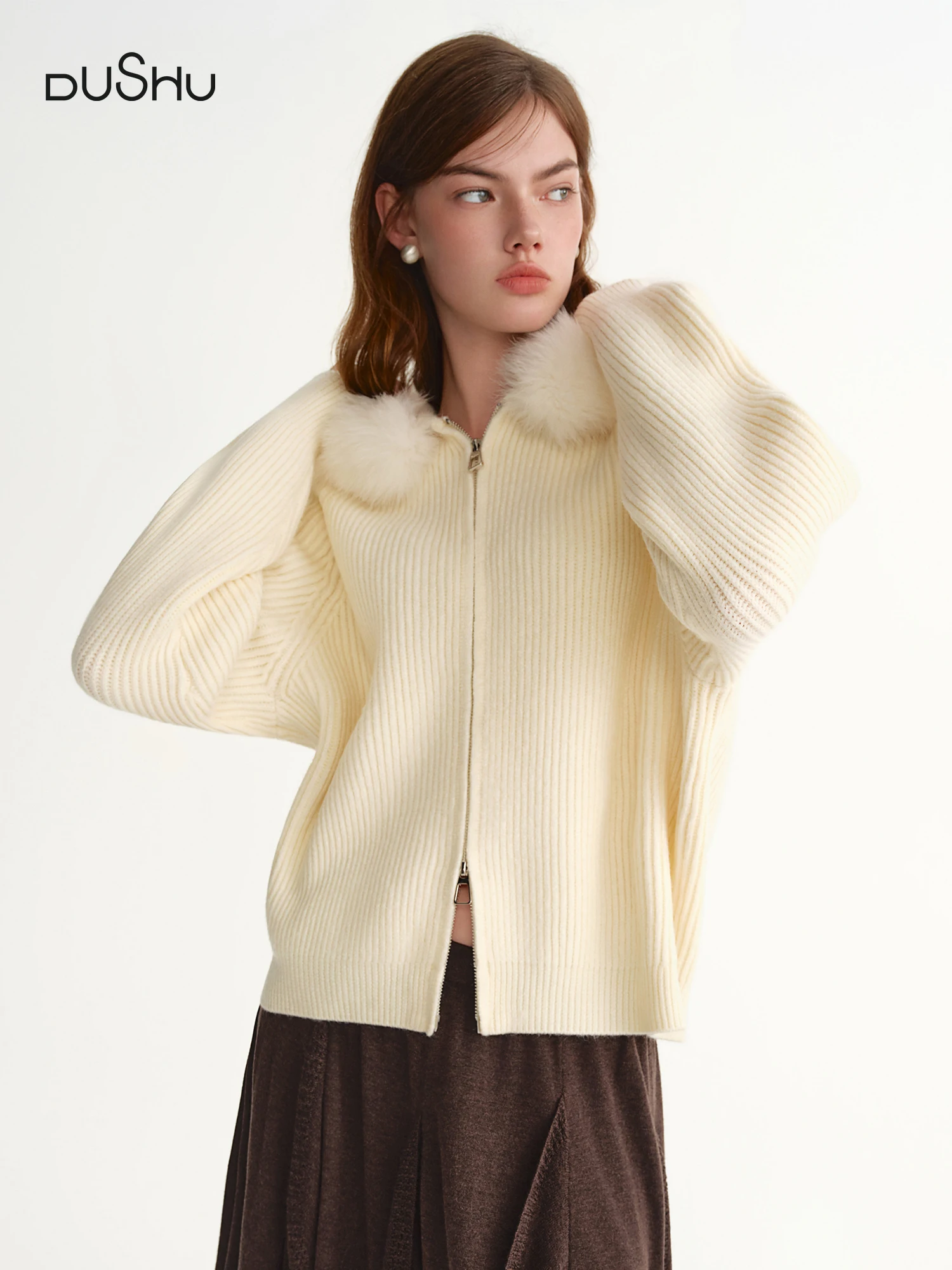 

DUSHU 2025 Winter Women's Detachable Faux Fur Hooded Knit Cardigan - Long Sleeve Open Front Cozy Sweater for Casual Outerwear