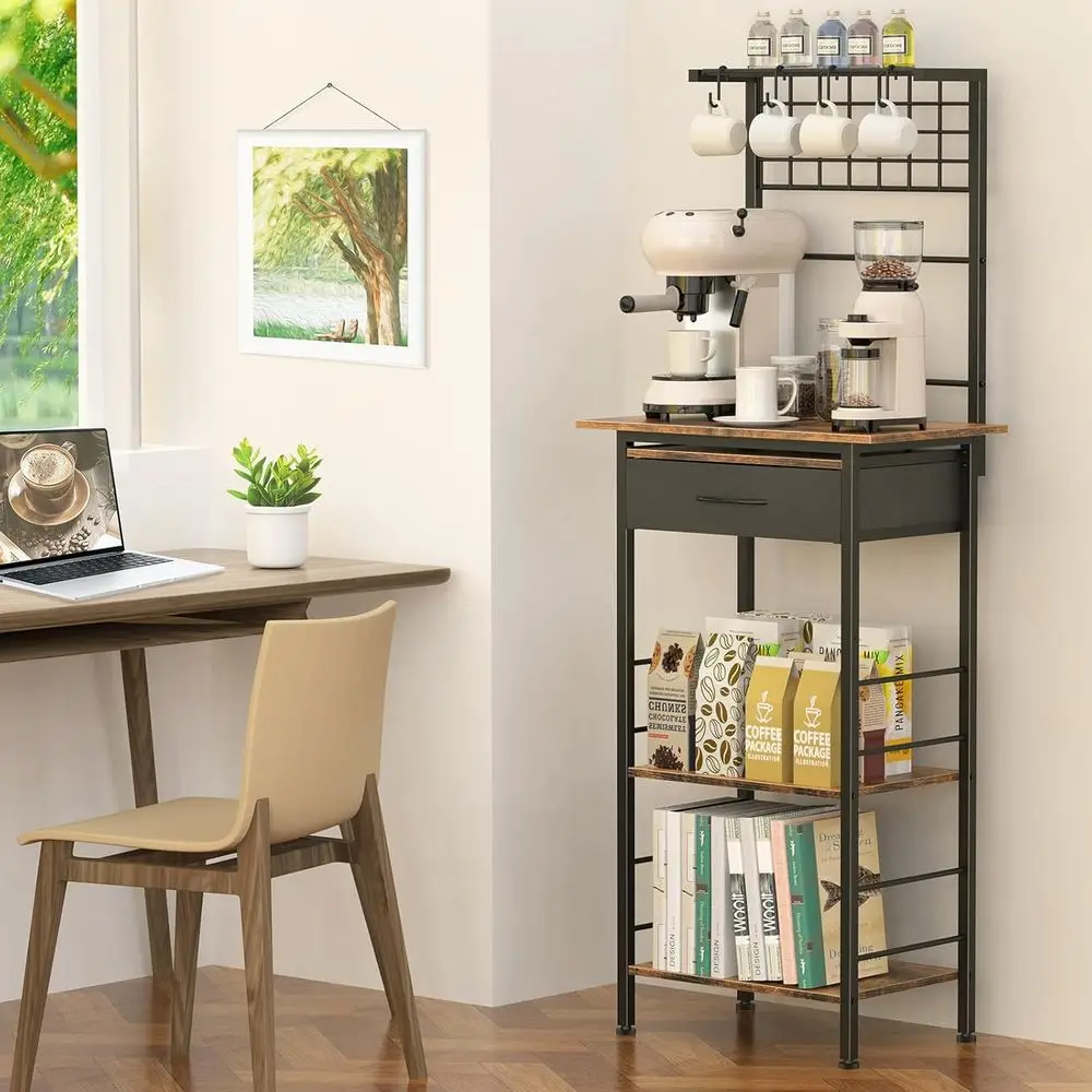 

5 Tier Coffee Stand with Organizer Storage Drawers, Kitchen Bakers Rack with 4 S-Shaped Hooks & Dual Wood, Suitable for Kitchen,