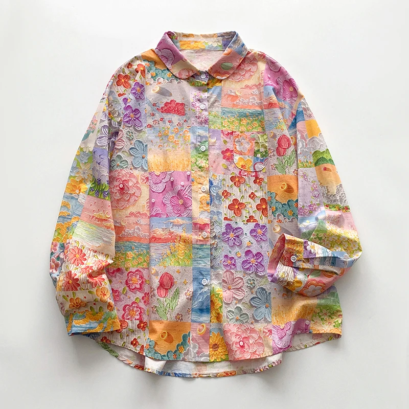 ربيع 2025 المرأة فضفاضة تناسب طويلة Sve القطن الخالص irt عادية خمر النفط اللوحة طباعة تنوعا ملابس مكتب مريحة