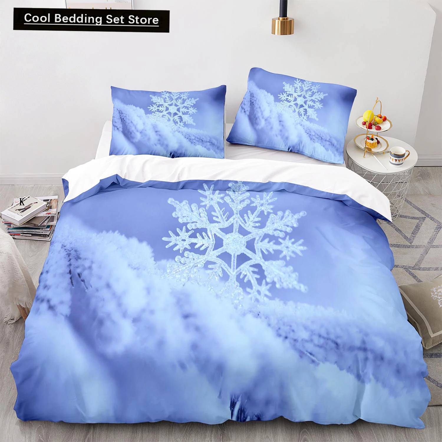 

3D Snowflake King Queen Duvet Cover Romantic Purple Snow Landscape Bedding Set for Kids Teens Adults Christmas Soft Quilt Cover