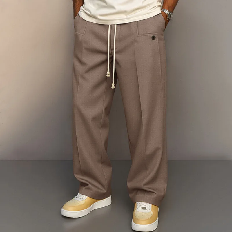 2026 Men's Baggy Drawstring Long Trousers Stand Pocket Loose Casual Straight Pants Men Drawstring Straight Leg Bottoms Plus Size