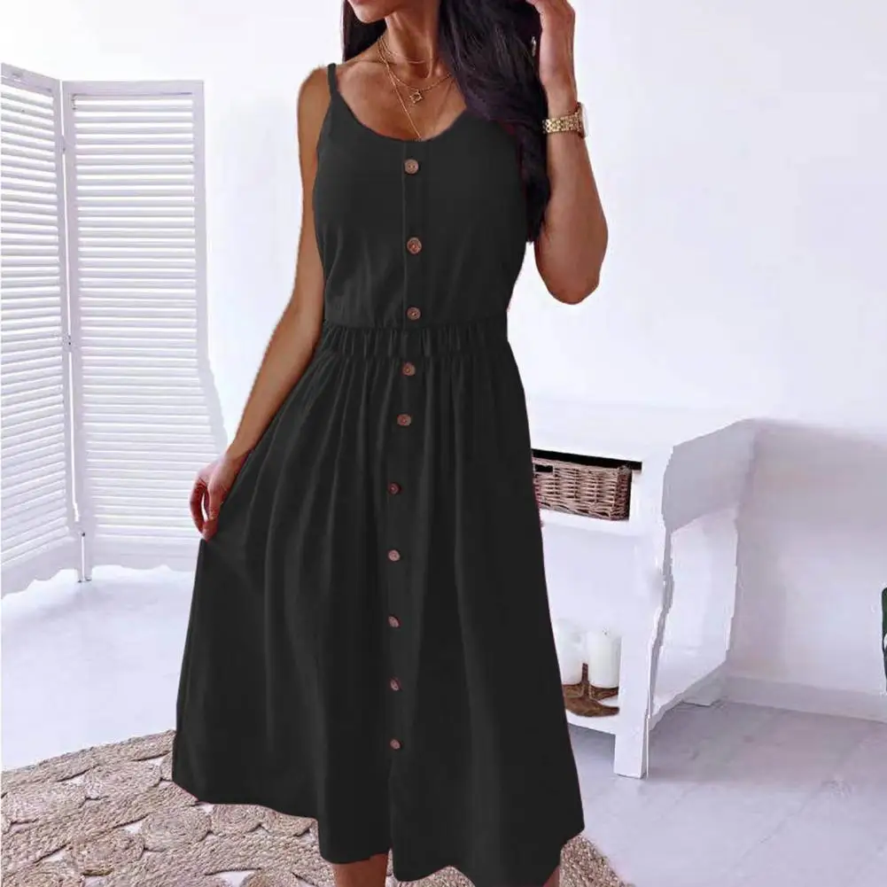 

U-neck Sling Sleeveless Dress Stylish Women's Summer Dresses U-neck Sling Midi Dress Solid Color Swing Hem Suspender Dress