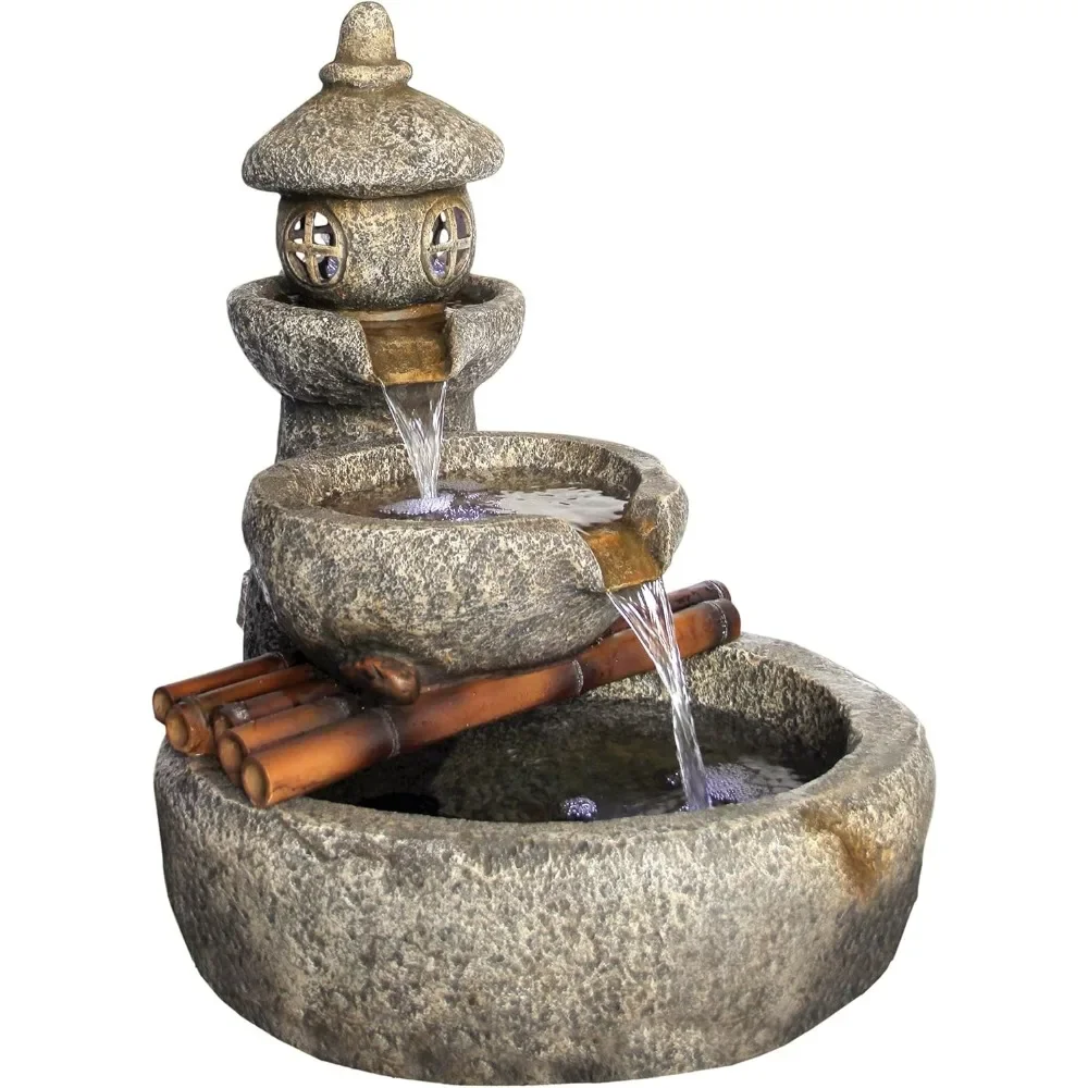 Bird Bath，Decor LED Light-Tranquil Springs Pagoda Fountain-Outdoor Water Feature,outdoor Fountain