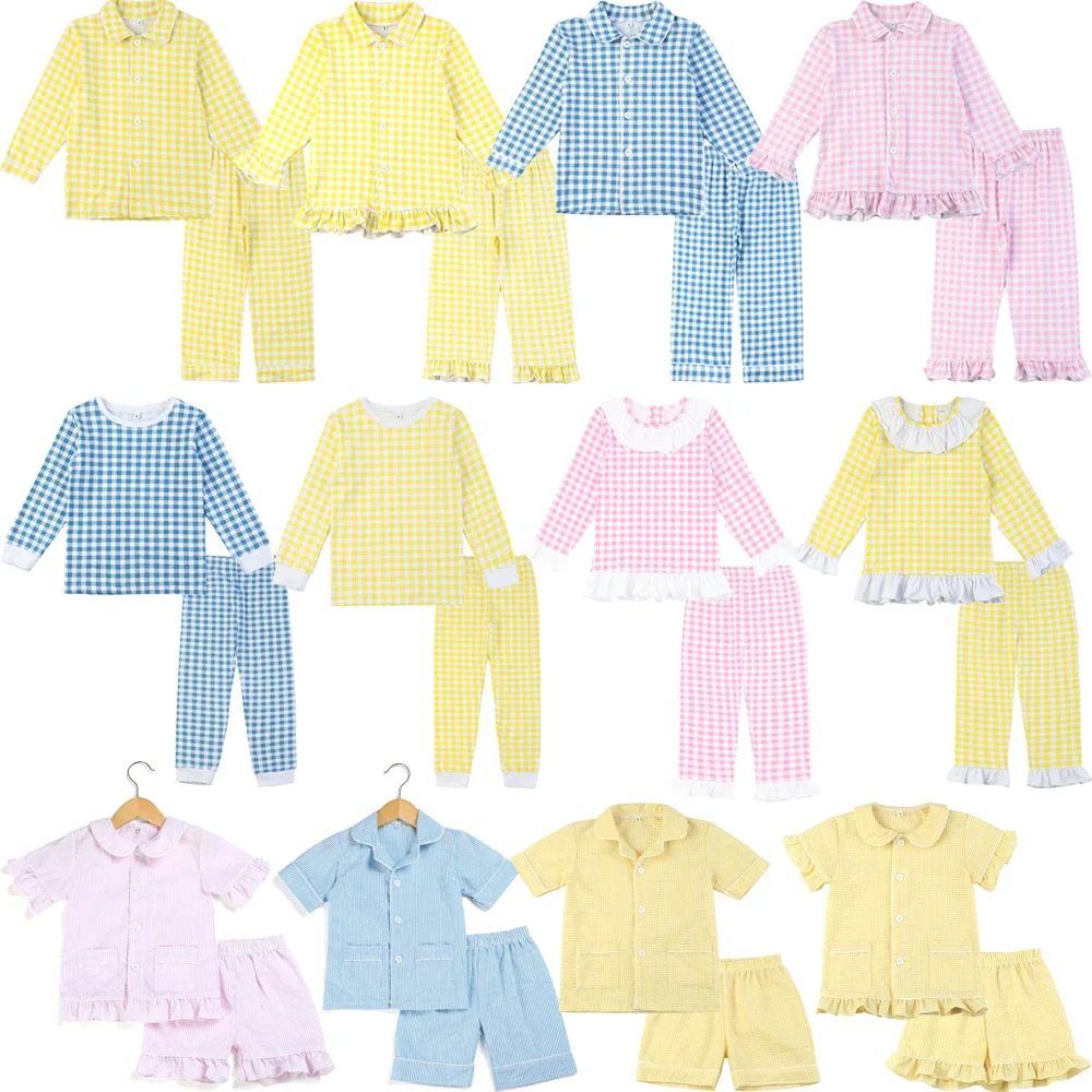 Mudbala 2023 Easter Spring Summer Pajamas Set Two Piece Lemon Checked Kids Boys And Girls Sibling Matching Pyjamas