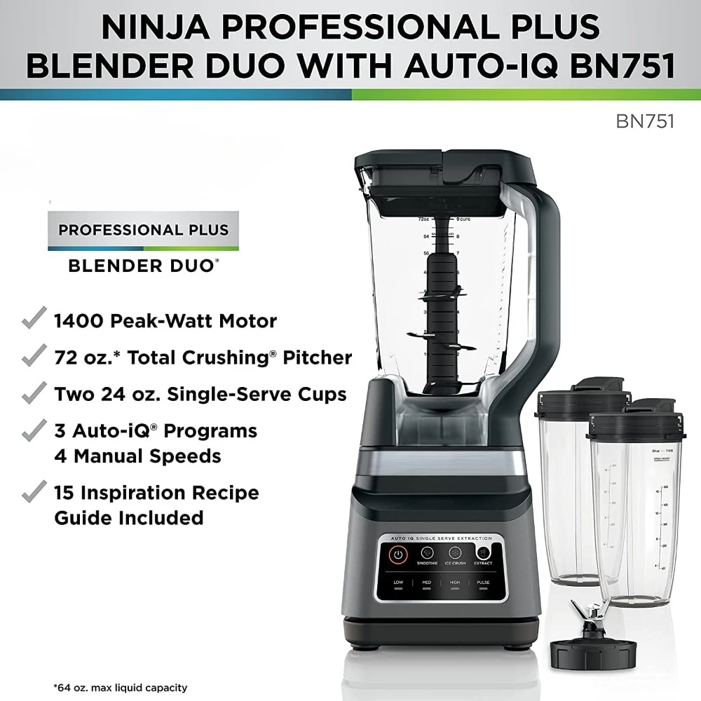 Blender, 1400 Peak Watts, 3 Auto-IQ Programs for Smoothies, Frozen Drinks & Nutrient Extractions, Desktop juicer