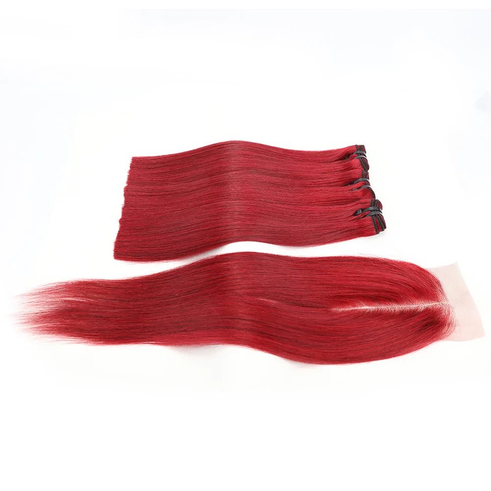 

12A Super Double Drawn Bundles 2x6 Lace Kim K Red Color 99j Burgundy Bone Straight Vietnam Raw Human Hair Bundles with Closure