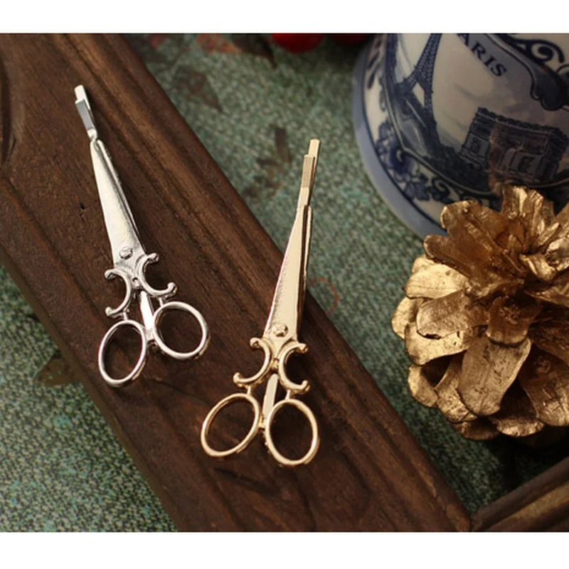 2 pieces Lot Vintage Gold Color and Silver Plated Scissors Shaped Bobby Pins Hair Pin Clips Barrette Hair Accessories for Women