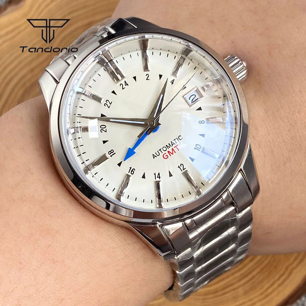 Tandorio NH34 40mm Automatic Steel Watch Double Domed Sapphire Luminous GMT Polished Dive Wristwatch for Men 20BAR Glass Back