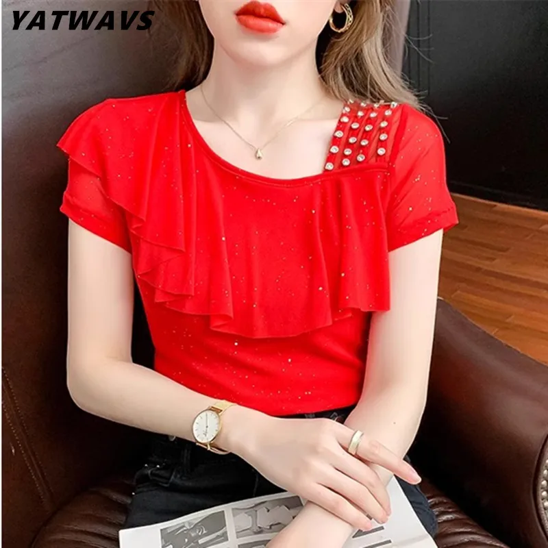 New Summer Femme Clothes Mesh T-Shirt Women Chic Sexy Off Shoulder TShirt Shiny Diamonds Tees Ruffles Patchwork Short Sleeve Top