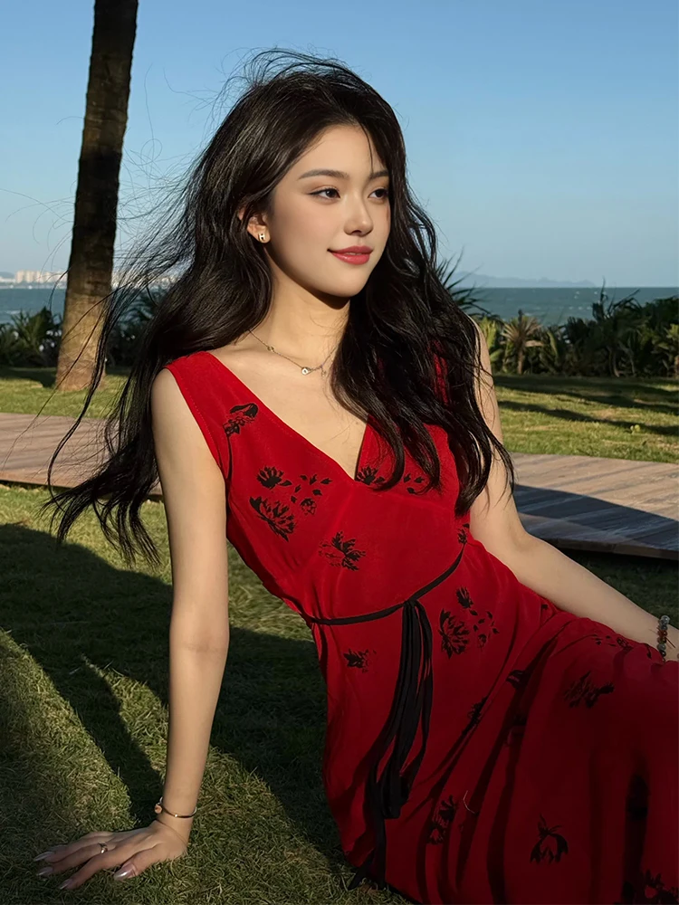 Gilet con stampa floreale Dr Donna Autunno Inverno Vintage Dimagrante Rosso V-Ne Vita incinta A-Line Lungo Dr Vacanze estive Sle