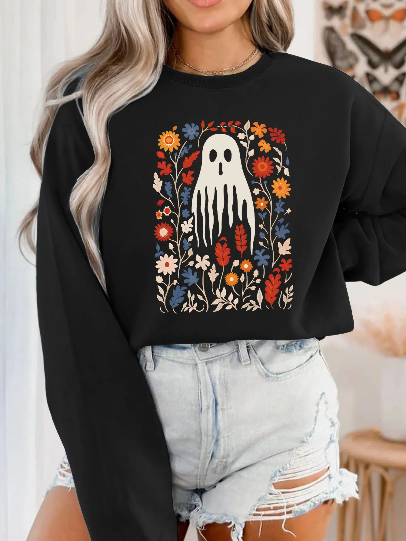 

Женские толстовки 2022, пуловеры с цветочным принтом Aummer Ghost, новые толстовки и свитшоты с длинными рукавами и графикой