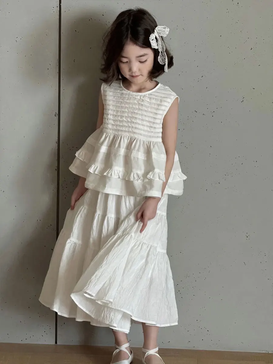 女の子の夏服セット ベストとスカート ホワイト おとぎ話 ショートスカート 子供服 カジュアルスタイル キッズと幼児向け