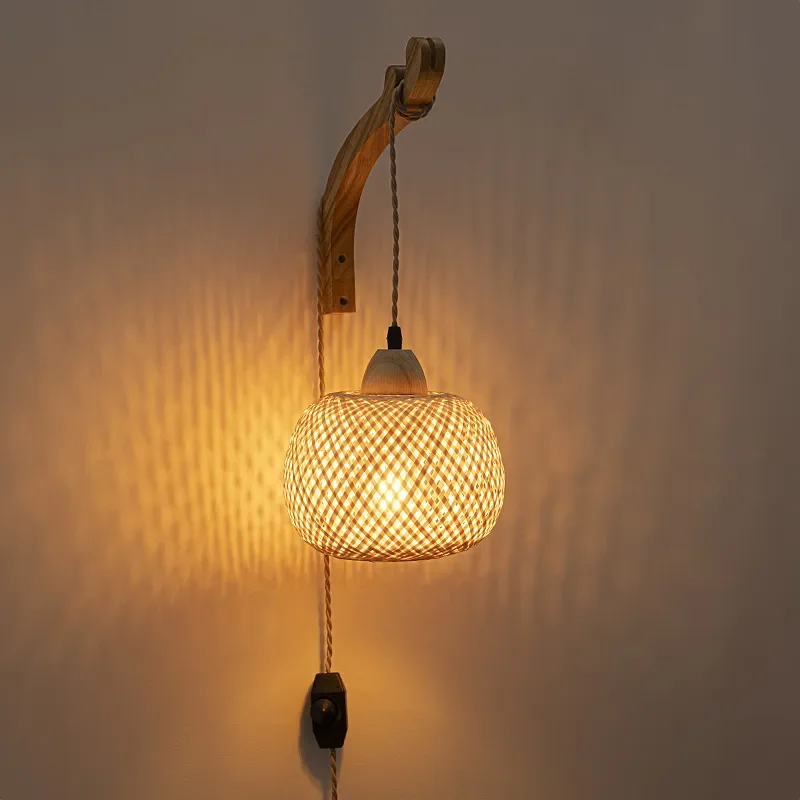 Vintage Japanese Bamboo Dining Room Light Wooden Bedroom Farmhouse Background Wall Lamp Cross Border Amazon Bedside Wall Lamp