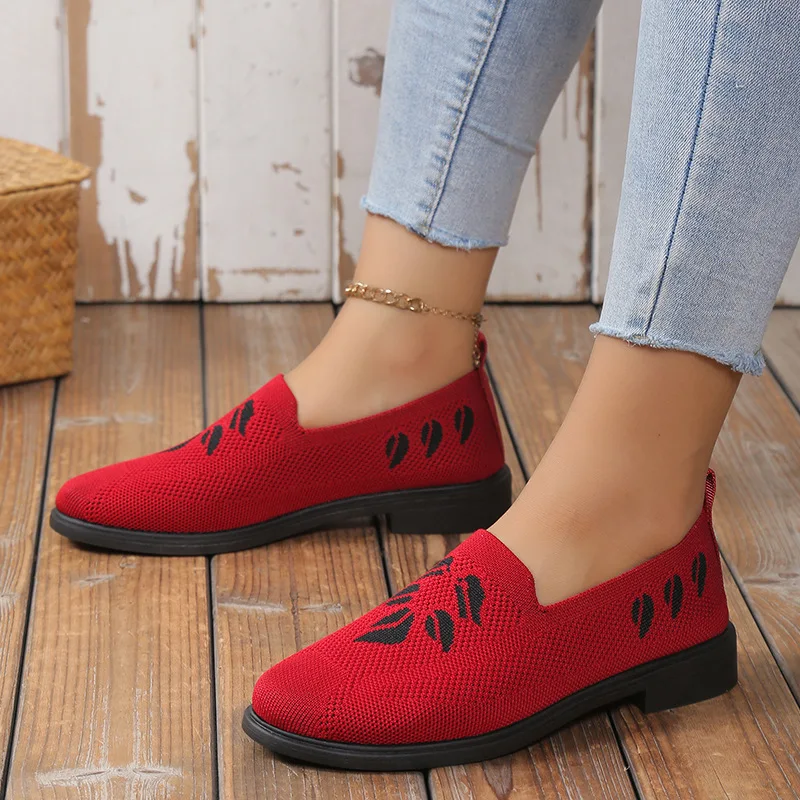 Leisure Women's Loafers Fashion Print Slip on Square Heels Round Toe Breathable Lazy Mesh Shoes Spring Autumn Daily Ladies Shoes